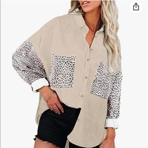 Leopard Pocket Button-Front Long Sleeve Top - Beige